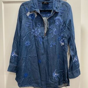 Johnny Was Blue Embellished 3/4 Sleeve Button Down Shirt